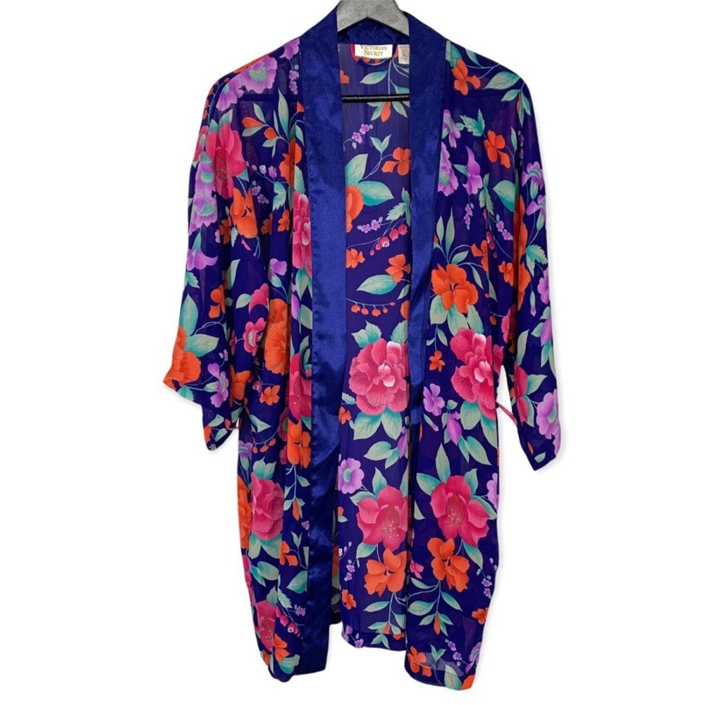 Victoria Secret Vintage Gold Label Floral Blue Satin Kimono Robe With Pockets OS
